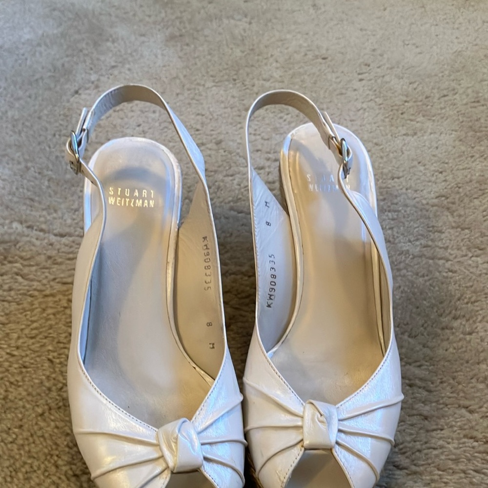 Stuart Weitzman White Kitten Heel Slingbacks with Bow